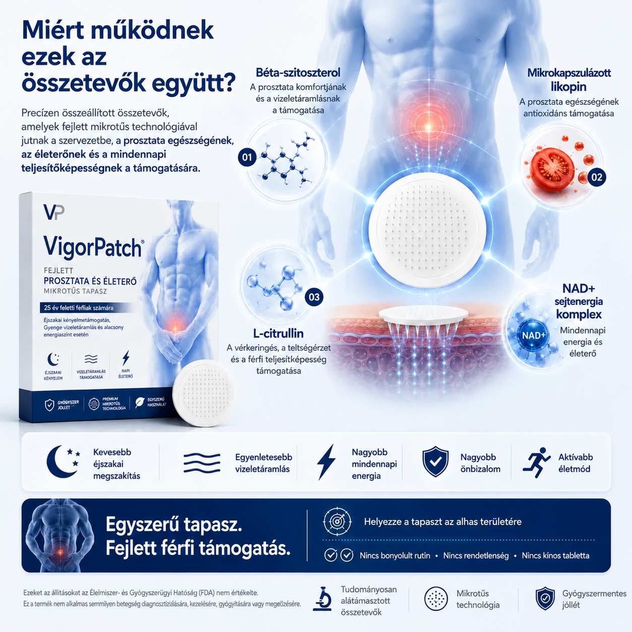 VigorPatch® Advanced Prosztata és Vitalitás Mikrotűs Tapasz, amelyet 25 év feletti férfiak számára terveztek, akik gyakori éjszakai vizeléssel, gyenge vizeletsugárral és alacsony energiaszinttel küzdenek.