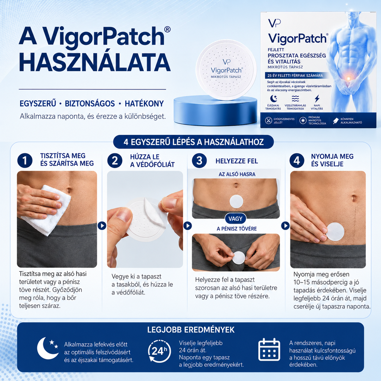 VigorPatch® Advanced Prosztata és Vitalitás Mikrotűs Tapasz, amelyet 25 év feletti férfiak számára terveztek, akik gyakori éjszakai vizeléssel, gyenge vizeletsugárral és alacsony energiaszinttel küzdenek.