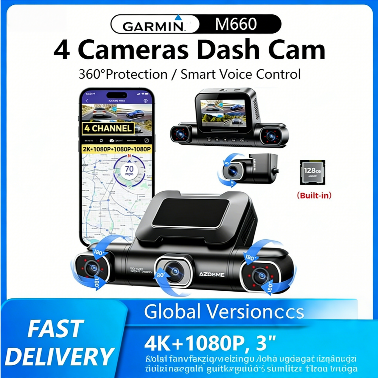 Garmin panorámás „őrjárat” fedélzeti kamerarendszer 5K felbontás · elöl–hátul–bal–jobb négykamerás rögzítés · infravörös éjjellátás · parkolófigyelés · GPS · mobilalkalmazás