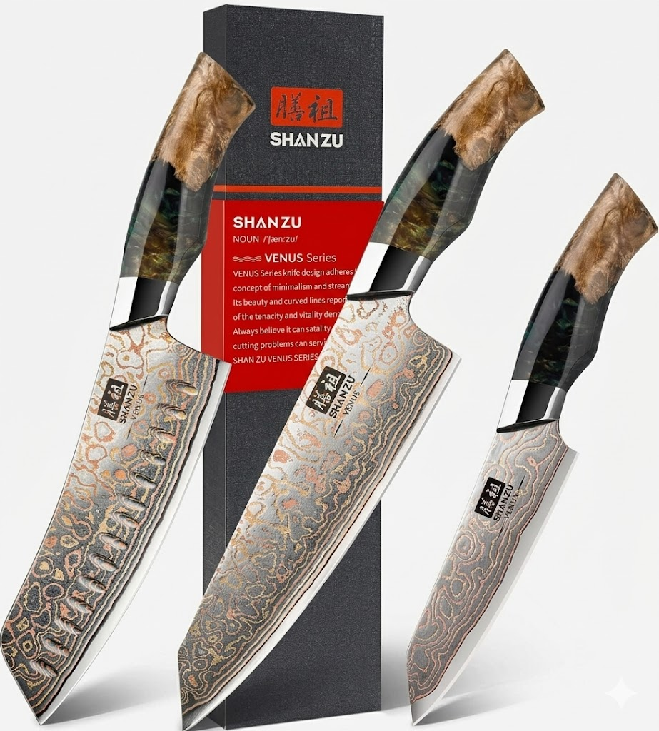 SHAN ZU Japanese Damascus Steel Knife Set (3 Pieces)