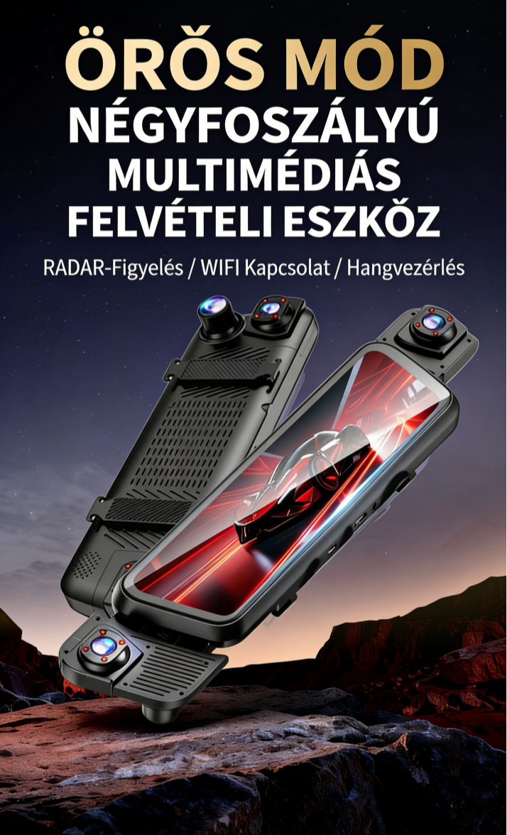 Garmin Őrszem Szintű Motoros CarPlay Intelligens Kijelző Négykamerás Rögzítés · Radarfigyelés · TPMS · Hangvezérlés · 10” Streaming Kijelző · 128 GB