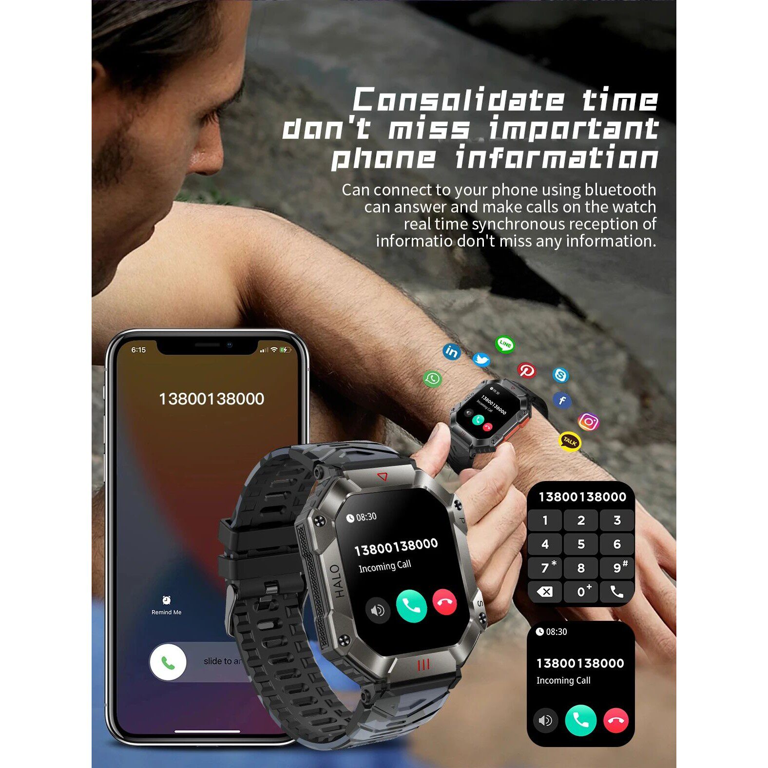 Férfi új katonai Bluetooth hívás okosóra kültéri nagy méretben