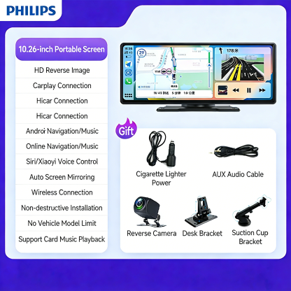 Philips Vezeték Nélküli CarPlay Okos Kijelző Dash Cam – 10,26” HD, Első–Hátsó Kamera, Szerelés Nélkül