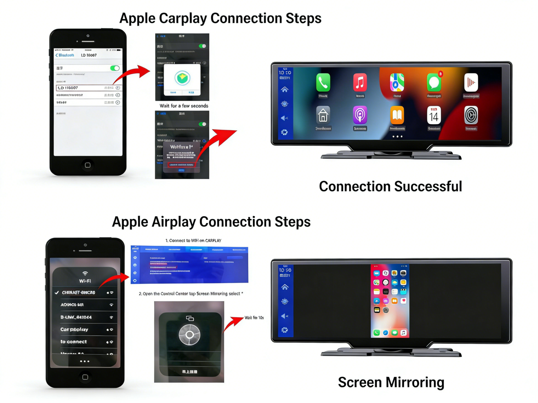 Philips Vezeték Nélküli CarPlay Okos Kijelző Dash Cam – 10,26” HD, Első–Hátsó Kamera, Szerelés Nélkül