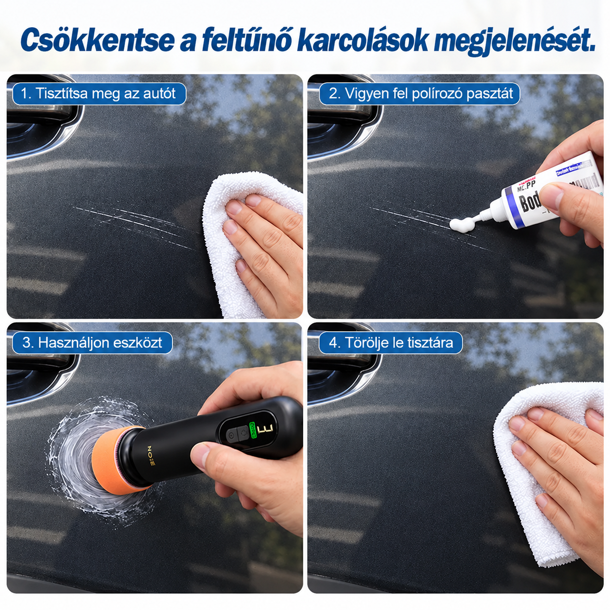Joytutus vezeték nélküli autópolírozó, 12 000 RPM, 3 az 1-ben, karcjavításhoz, szélvédőtisztításhoz és polírozáshoz.
