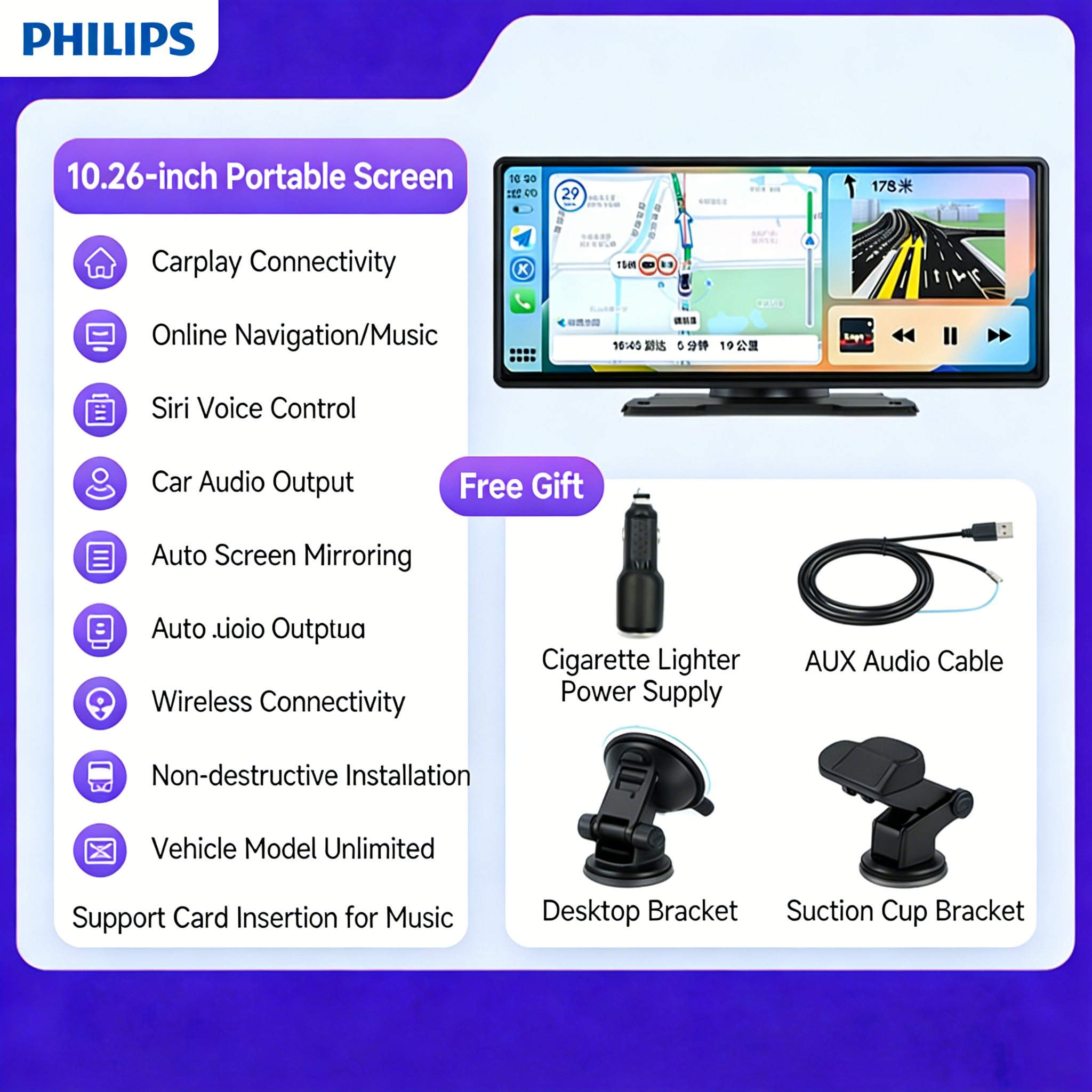 Philips Vezeték Nélküli CarPlay Okos Kijelző Dash Cam – 10,26” HD, Első–Hátsó Kamera, Szerelés Nélkül