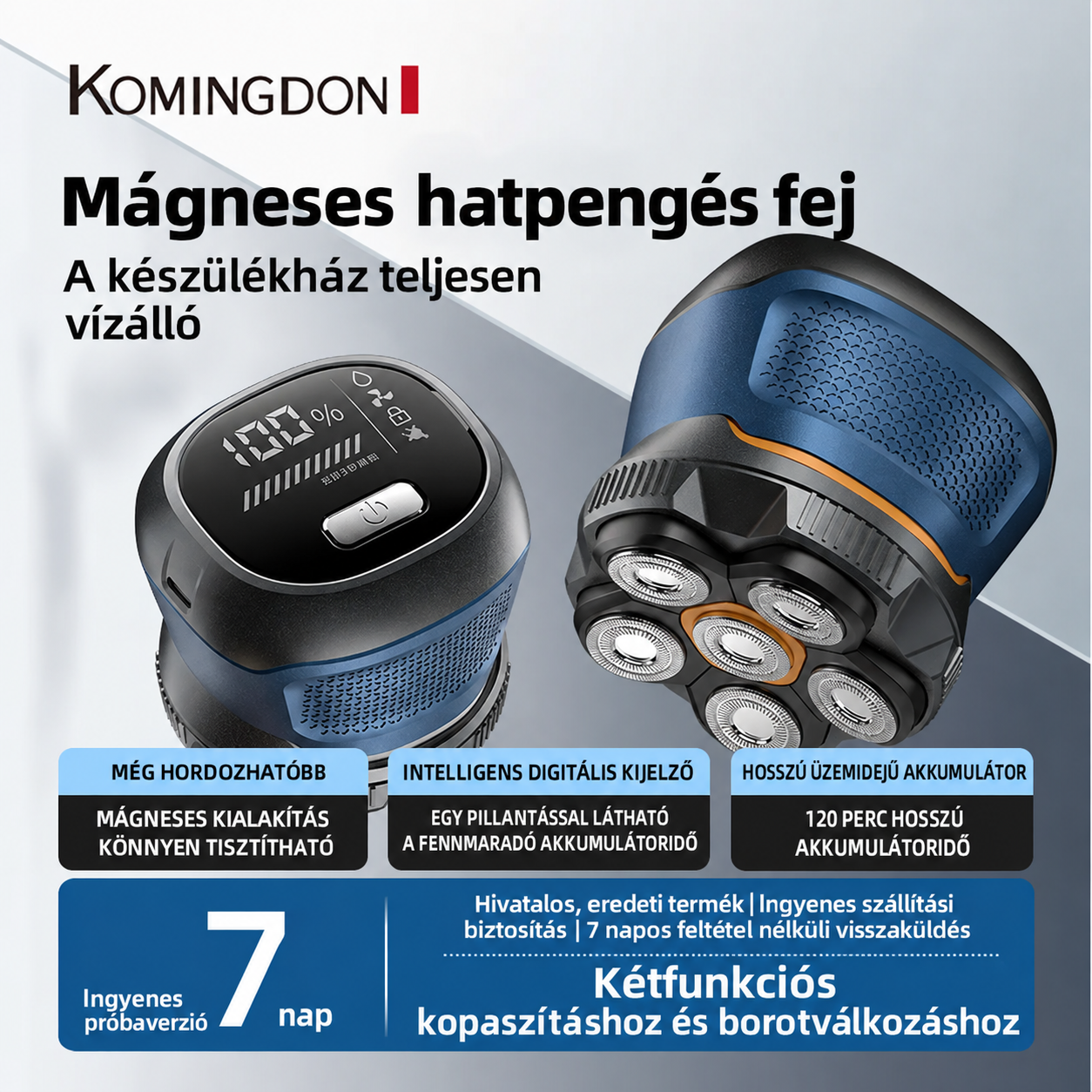 KOMINGDON 10 W-OS, NAGY TELJESÍTMÉNYŰ, VEZETÉK NÉLKÜLI HORDOZHATÓ BOROTVA – 360°-OS ALAPOS BOROTVÁLÁS, AKÁR 120 PERCES AKKUMULÁTOROS ÜZEMIDŐ, DUPLA GYŰRŰS BOROTVAFEJ ÉS BŐRKÖVETŐ BOROTVAHÁLÓ, SZEMÉLYES ÁPOLÁSHOZ.