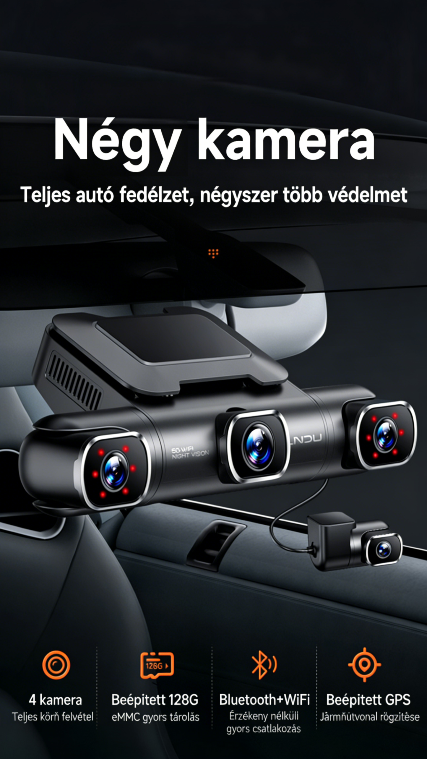 Garmin panorámás „őrjárat” fedélzeti kamerarendszer 5K felbontás · elöl–hátul–bal–jobb négykamerás rögzítés · infravörös éjjellátás · parkolófigyelés · GPS · mobilalkalmazás