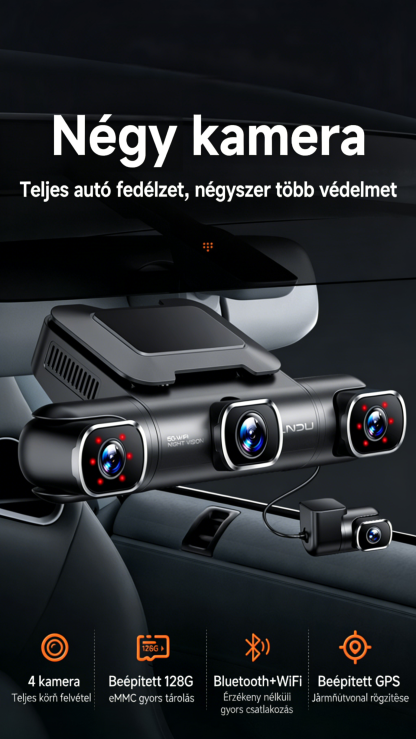 Garmin panorámás „őrjárat” fedélzeti kamerarendszer 5K felbontás · elöl–hátul–bal–jobb négykamerás rögzítés · infravörös éjjellátás · parkolófigyelés · GPS · mobilalkalmazás