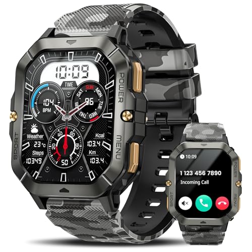 Katonai okosórák férfiaknak (hívásfogadás/hívásindítás), 2.02''-es fitnesz okosóra Androidra és iPhone-ra, vízálló fitneszkövető vérnyomás-/pulzusszám-/alvás-/100+ sportmóddal, órák férfiaknak