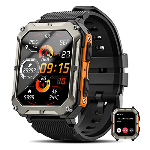 Katonai okosórák férfiaknak (hívásfogadás/hívásindítás), 2.02''-es fitnesz okosóra Androidra és iPhone-ra, vízálló fitneszkövető vérnyomás-/pulzusszám-/alvás-/100+ sportmóddal, órák férfiaknak