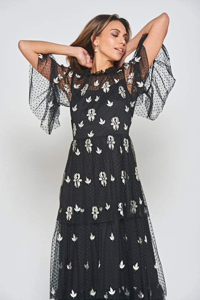 Black Leaf Embroidered Tiered Maxi Dress