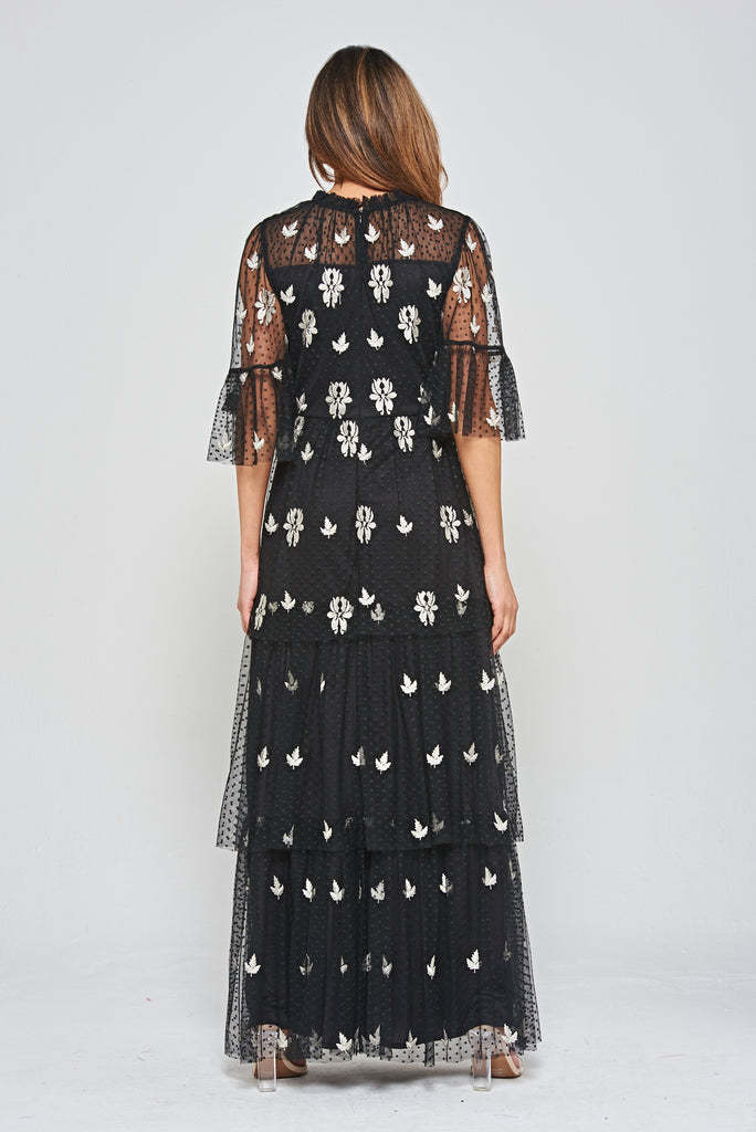 Black Leaf Embroidered Tiered Maxi Dress