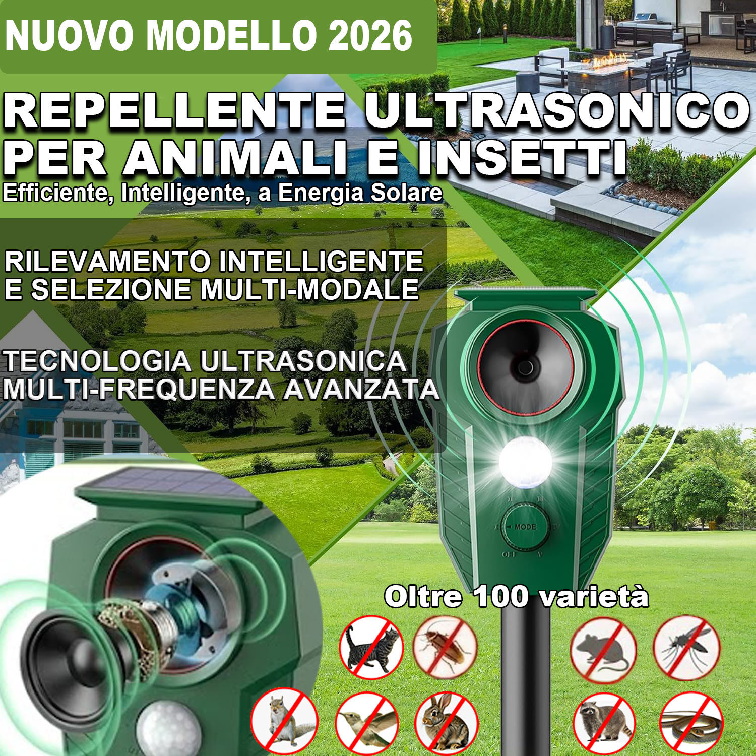 Nuovo Modello 2026 - Dissuasore Ultrasonico Intelligente per Animali con Gestione tramite APP, Tecnologia Solare e Selezione Multi-Modale per Oltre 100 Specie