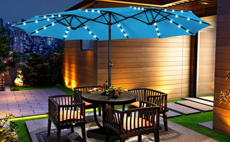 Product Introduction of 【Solar LED Lights Umbrella】Yaheetech 15/13ft Large Patio Umbrella, Outdoor Double-Sided Rectangle Umbrella with 36 LED Lights & Crank for Patio Garden Pool Lawn Backyard, Base Included 18