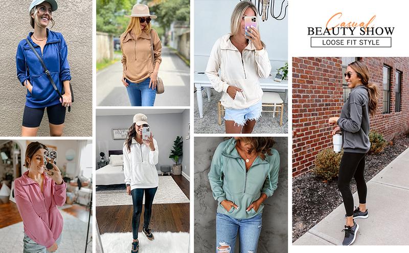 PrettyGarden Women's Casual Long Sleeve Lapel Zipper Sweatshirt Drawstring Loose Pullover Tops Fall Sweater-Womenswear Cotton Fabric