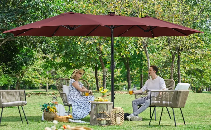 Product Introduction of 【Solar LED Lights Umbrella】Yaheetech 15/13ft Large Patio Umbrella, Outdoor Double-Sided Rectangle Umbrella with 36 LED Lights & Crank for Patio Garden Pool Lawn Backyard, Base Included 12