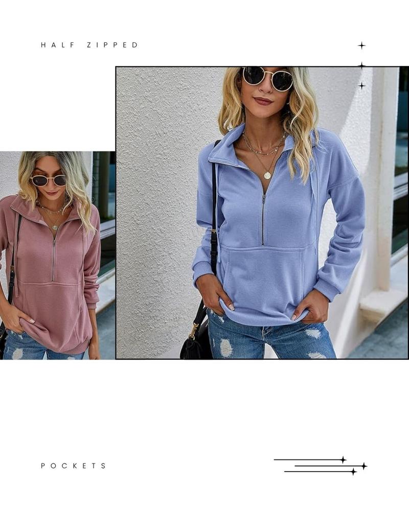 PrettyGarden Women's Casual Long Sleeve Lapel Zipper Sweatshirt Drawstring Loose Pullover Tops Fall Sweater-Womenswear Cotton Fabric