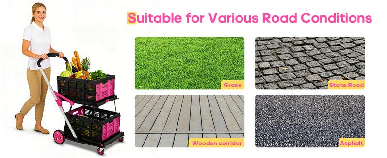 Foldable Utility Cart with Wheels,2 Layers Multifunctional Folding Cart for Cosmetic Organizer,Grocery,Office,Warehouse,Garden, Double Layers Foldable Shopping Cart,Folding Trolley for Luggage Heavy Duty(Blue/RED/PINK/Purple)