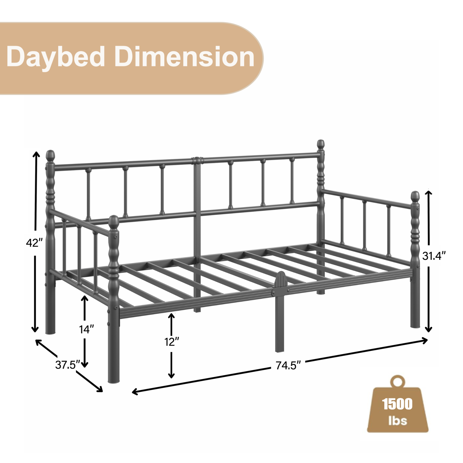 LOUVETA Twin Metal Daybed Frame, Heavy-Duty Steel Frame with Non-Slip Mattress Stoppers, Multi-Purpose Sofa Bed for Bedroom, Guest Room, Living Room