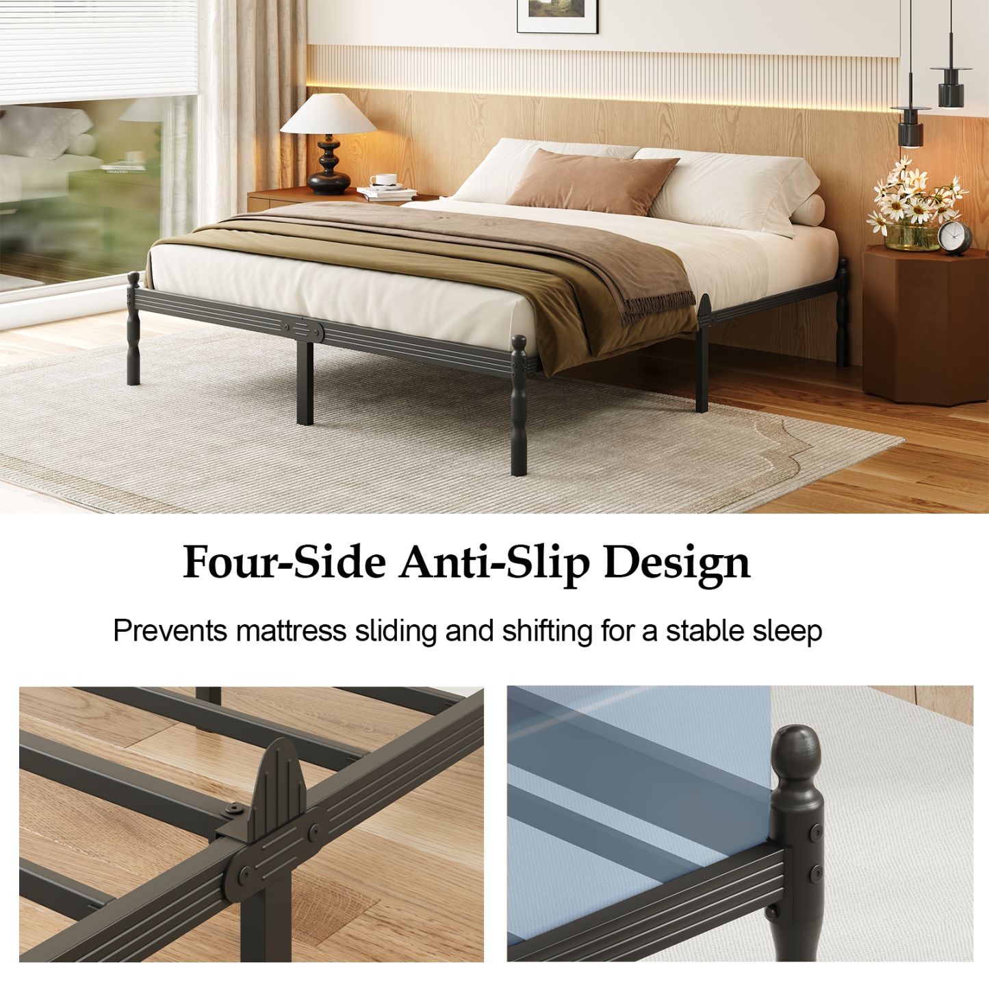 LOUVETA 14 inch King Heavy Duty Metal Bed Frame with Non-Slip Stoppers, No Box Spring Needed, Sturdy Steel Slat Support