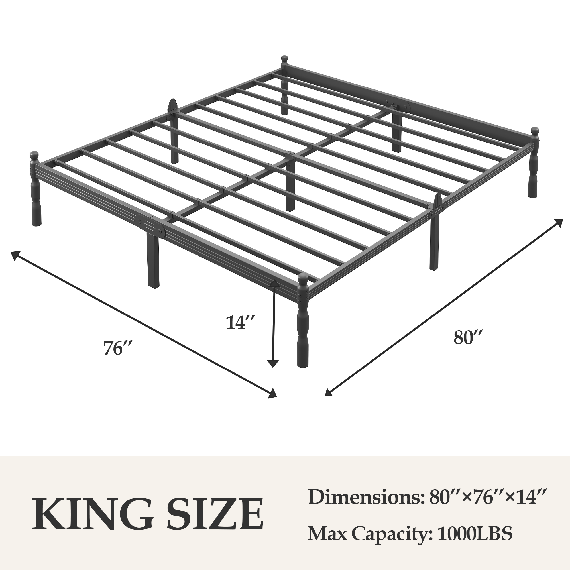 LOUVETA 14 inch King Heavy Duty Metal Bed Frame with Non-Slip Stoppers, No Box Spring Needed, Sturdy Steel Slat Support