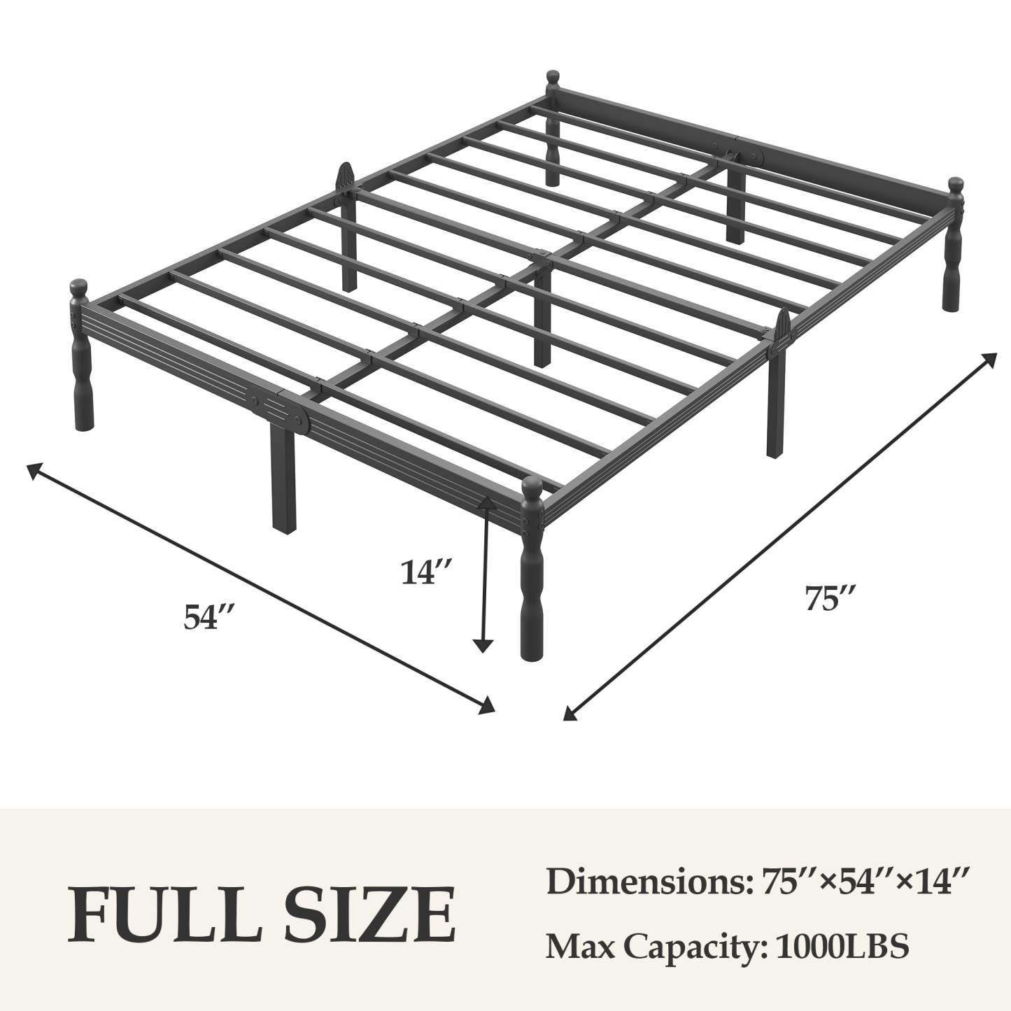 LOUVETA 14 inch Full Heavy Duty Metal Bed Frame with Non-Slip Stoppers, No Box Spring Needed, Sturdy Steel Slat Support