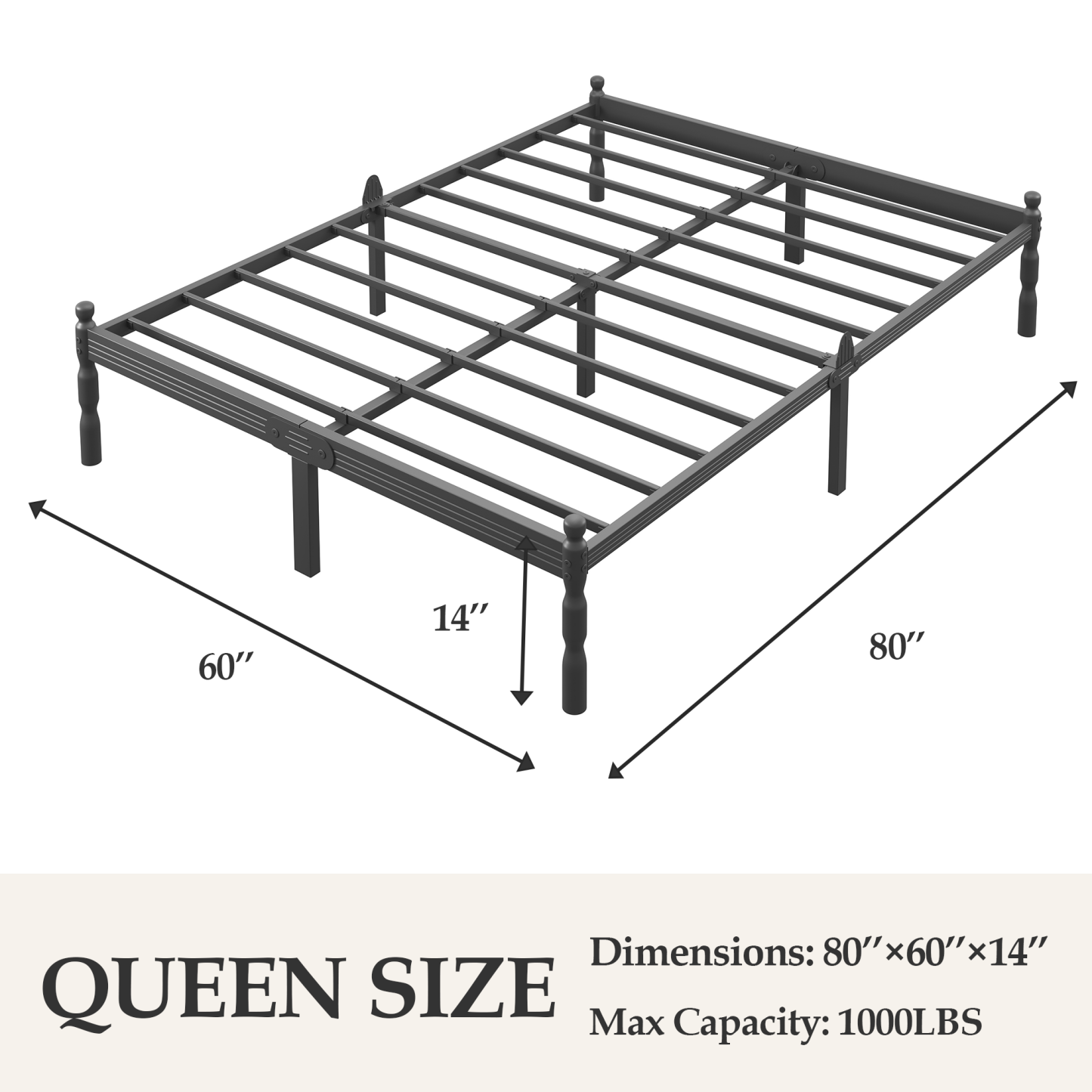 LOUVETA 14 inch Queen Heavy Duty Metal Bed Frame with Non-Slip Stoppers, No Box Spring Needed, Easy to Assemble