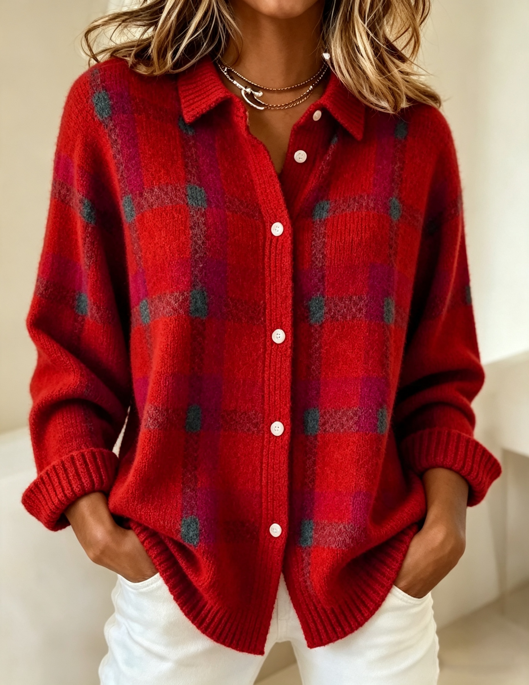 CLEARANCE SALE🔥 Women's Plaid Print Casual Cotton Buttoned Cardigan Sweater
