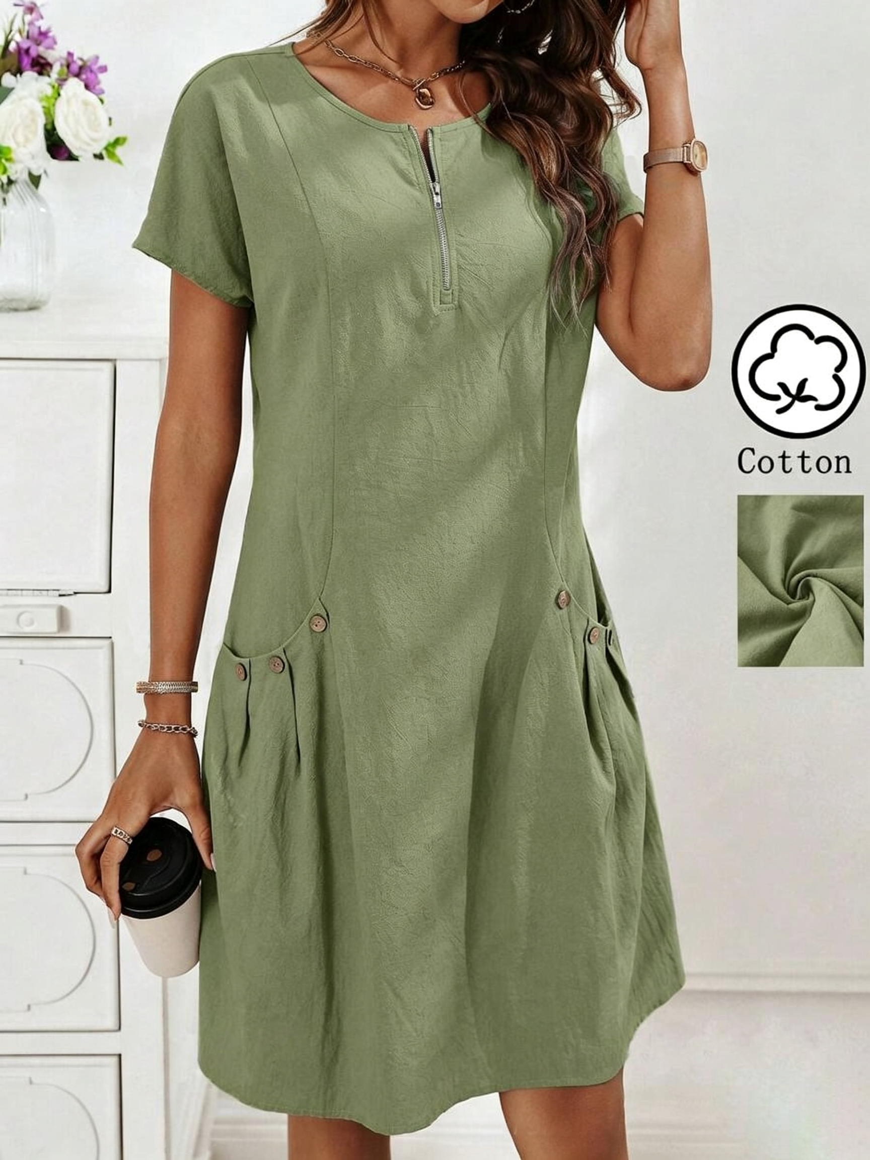 Zipper Pocket Cotton Linen Dress