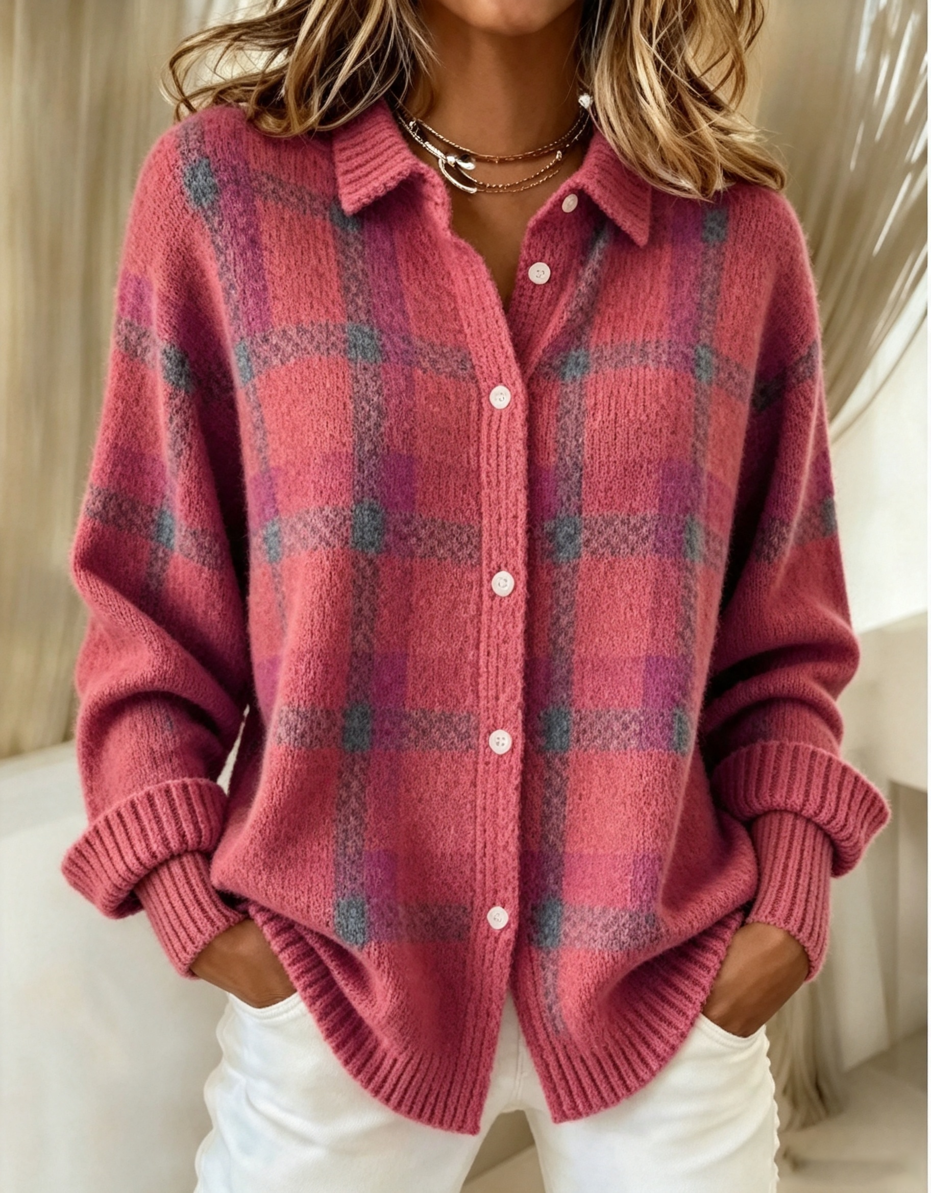 CLEARANCE SALE🔥 Women's Plaid Print Casual Cotton Buttoned Cardigan Sweater