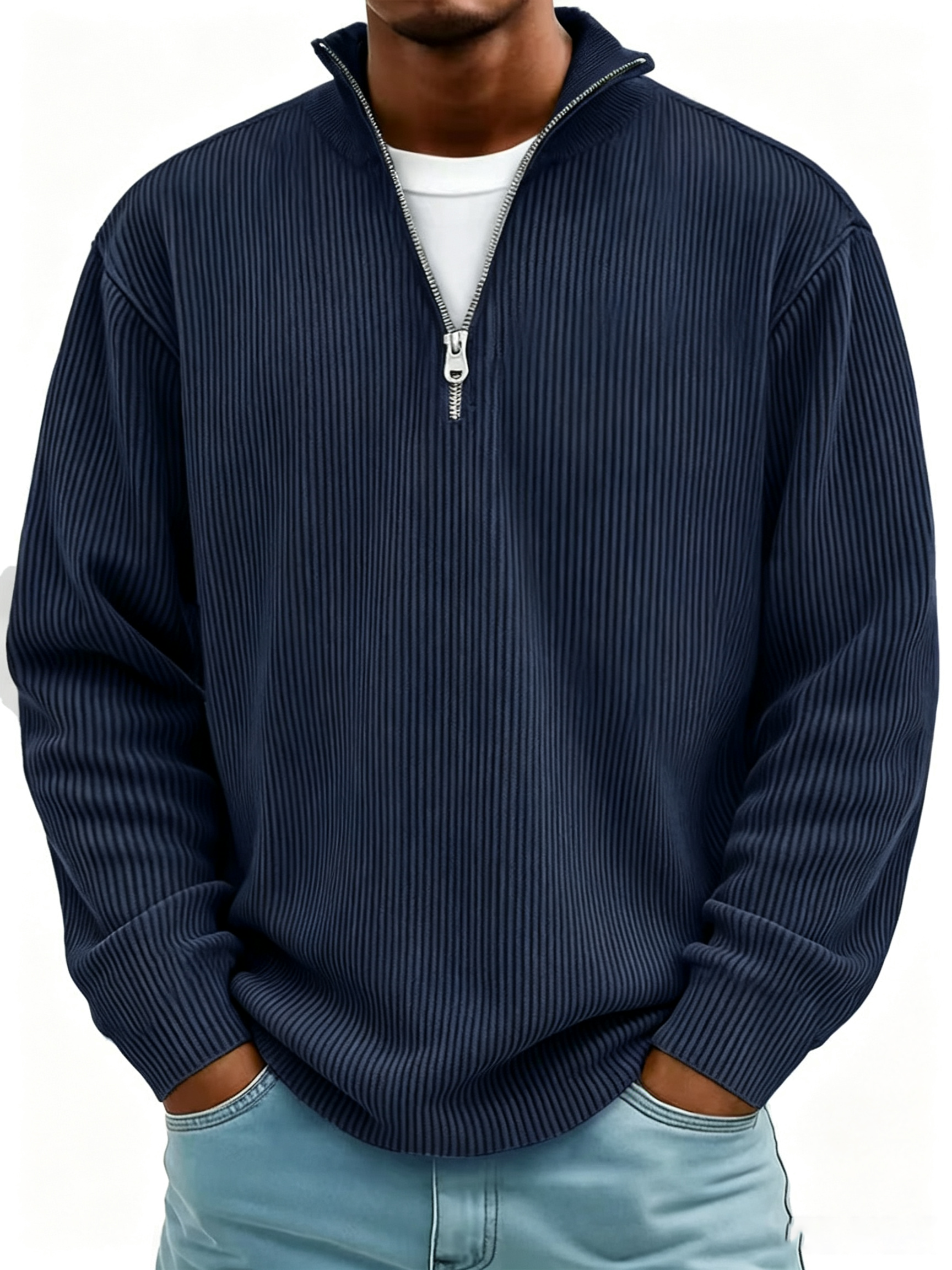 Men's Simple Casual Ribbed Stand Collar Zipper Long Sleeve Sweatshirt
