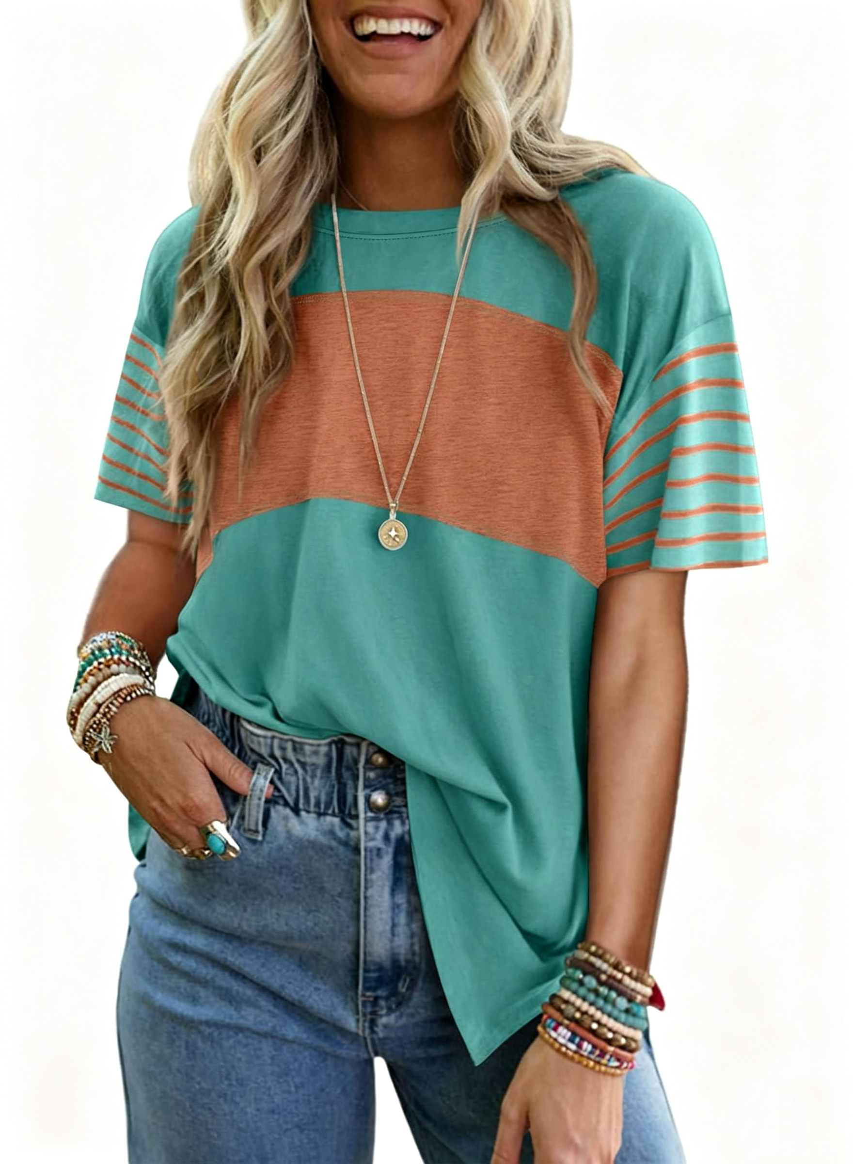  ✨Womens Oversized Crewneck Casual Color Block Striped Shirts Blouses