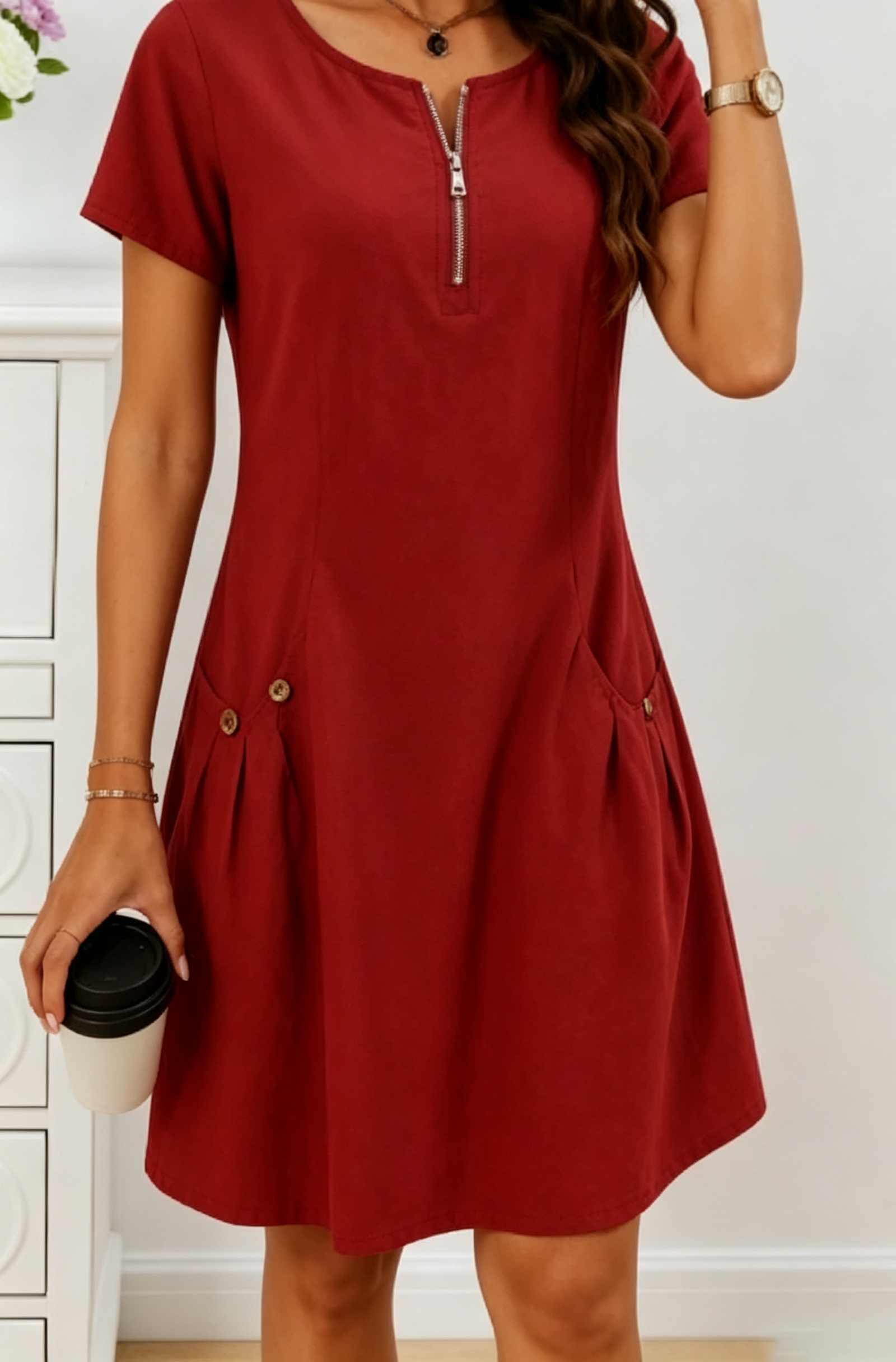 Zipper Pocket Cotton Linen Dress