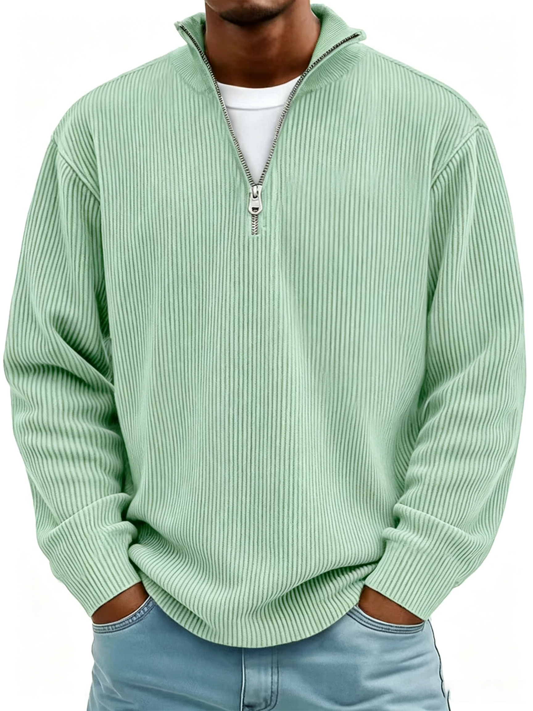Men's Simple Casual Ribbed Stand Collar Zipper Long Sleeve Sweatshirt