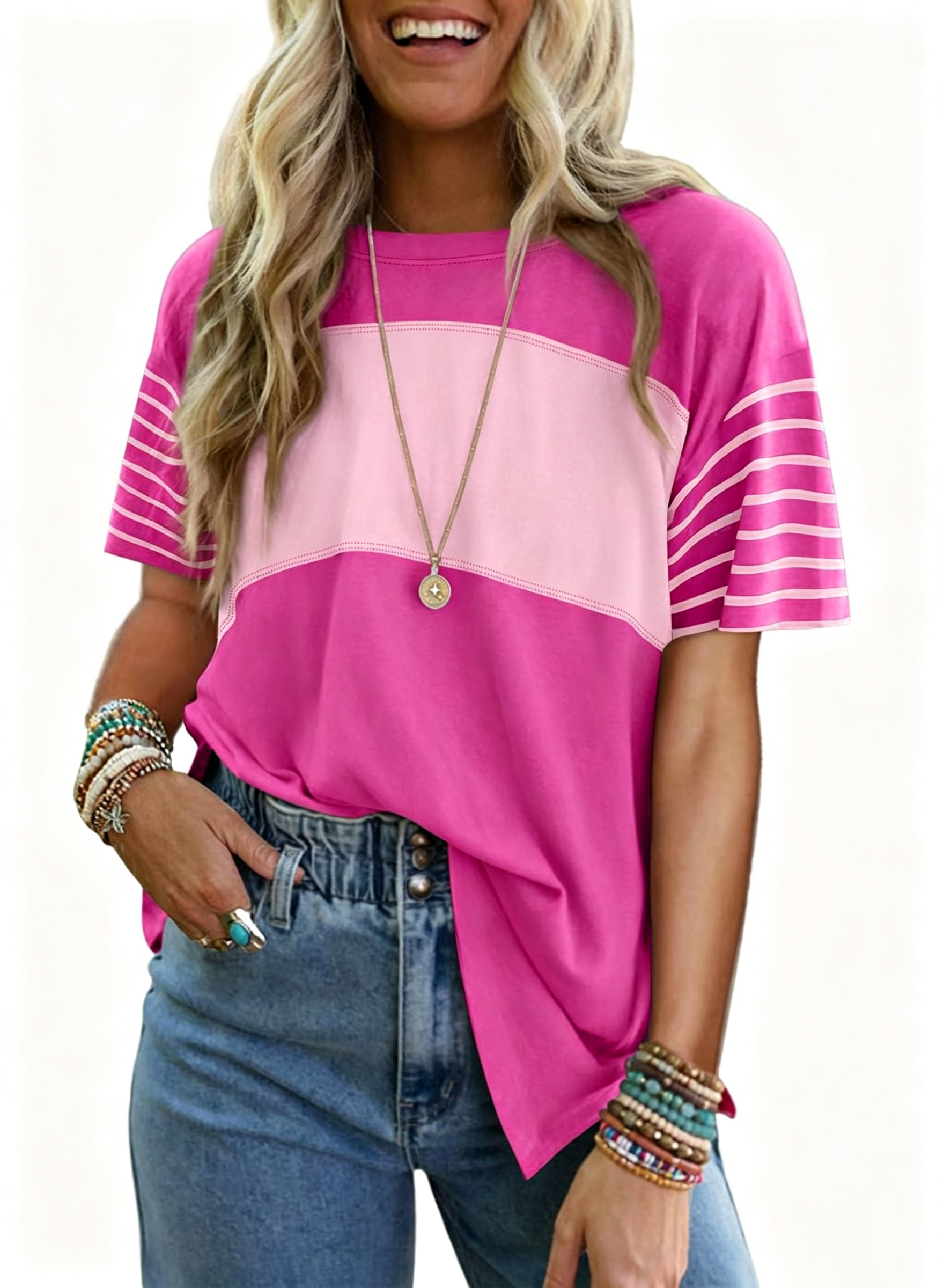  ✨Womens Oversized Crewneck Casual Color Block Striped Shirts Blouses