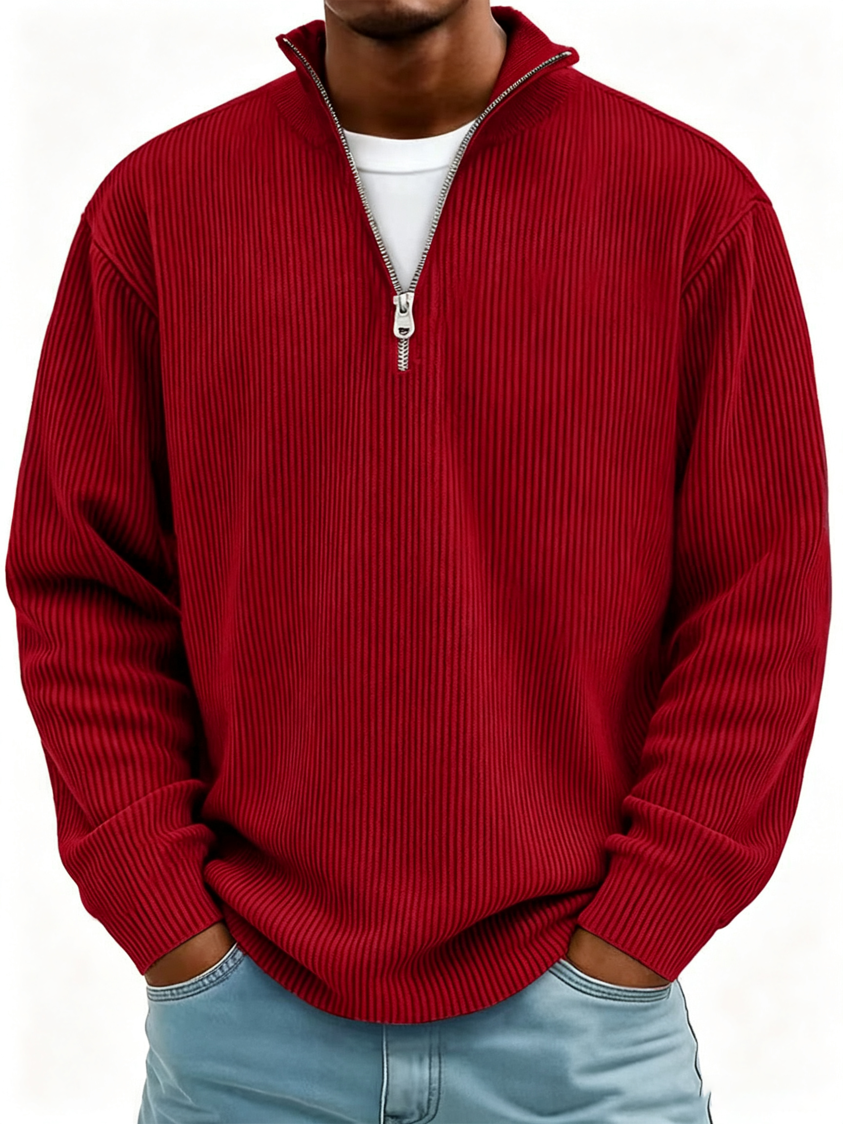Men's Simple Casual Ribbed Stand Collar Zipper Long Sleeve Sweatshirt