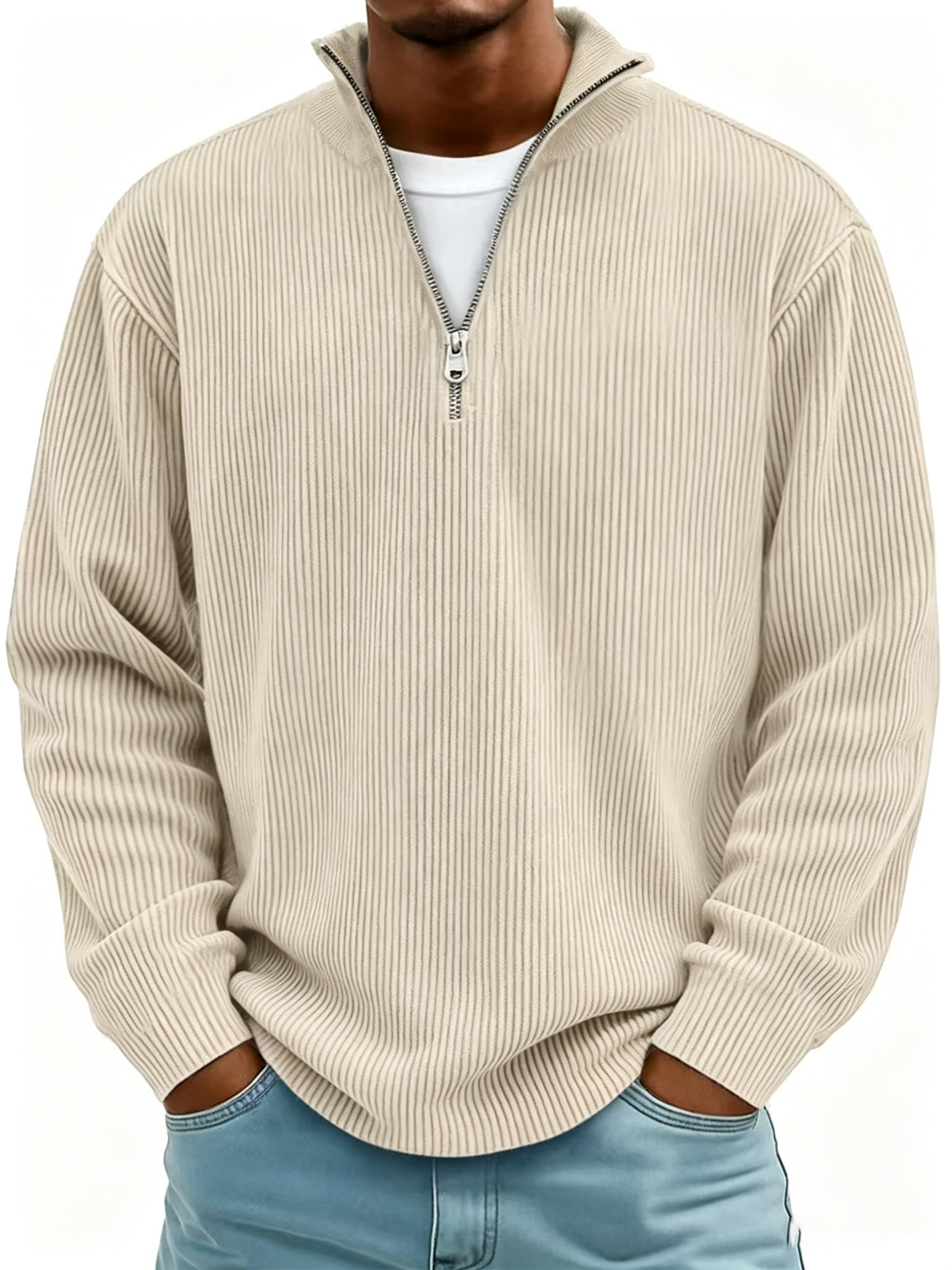 Men's Simple Casual Ribbed Stand Collar Zipper Long Sleeve Sweatshirt