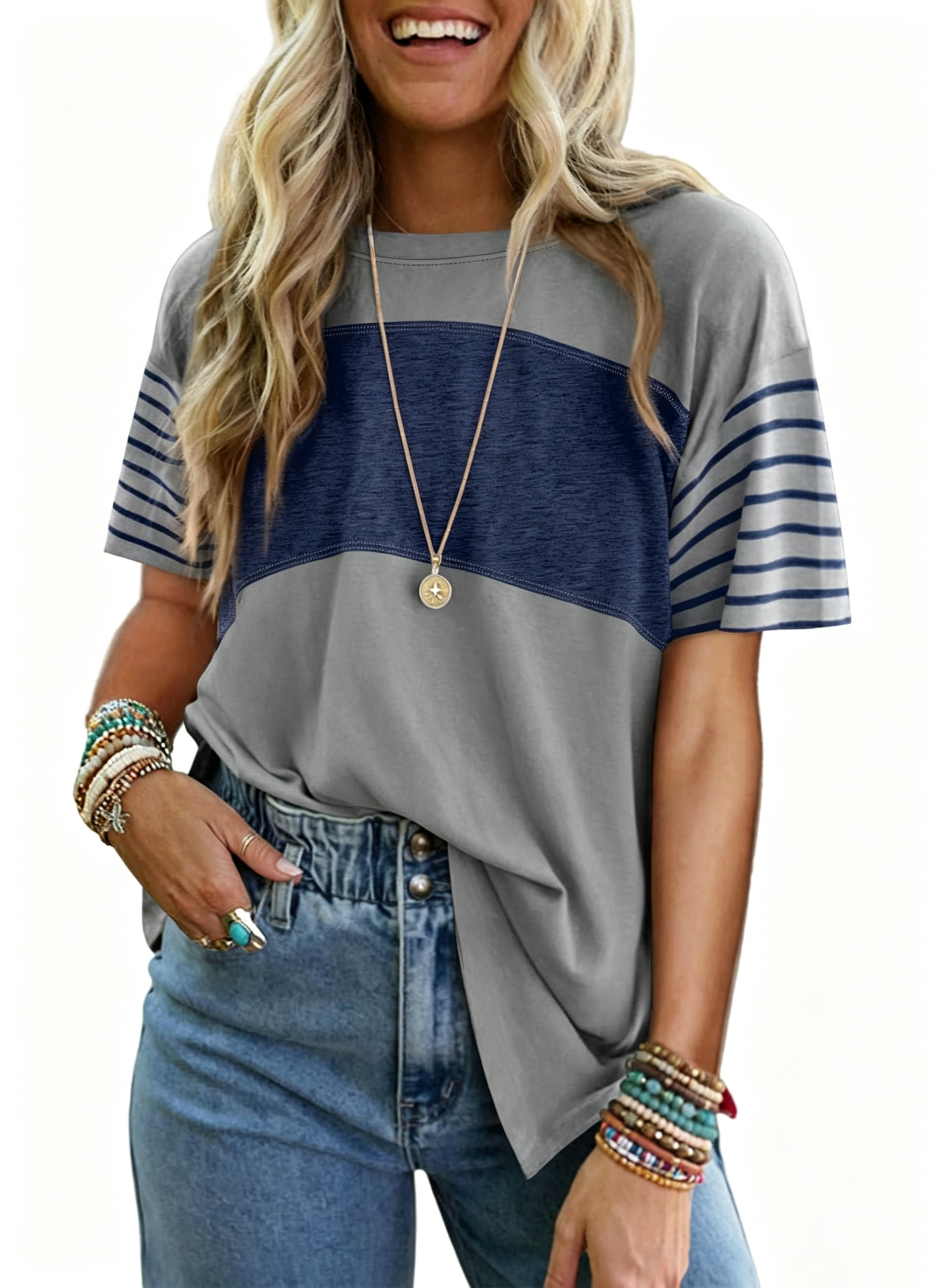  ✨Womens Oversized Crewneck Casual Color Block Striped Shirts Blouses
