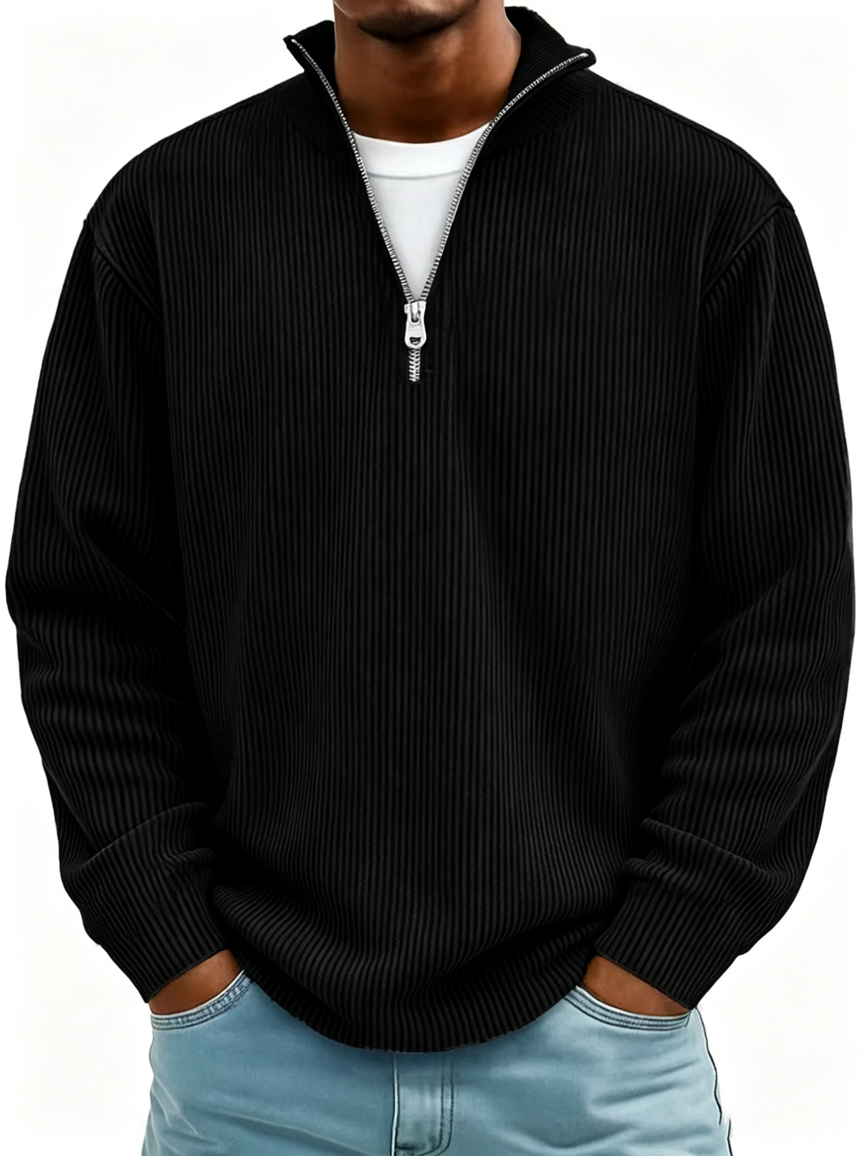 Men's Simple Casual Ribbed Stand Collar Zipper Long Sleeve Sweatshirt