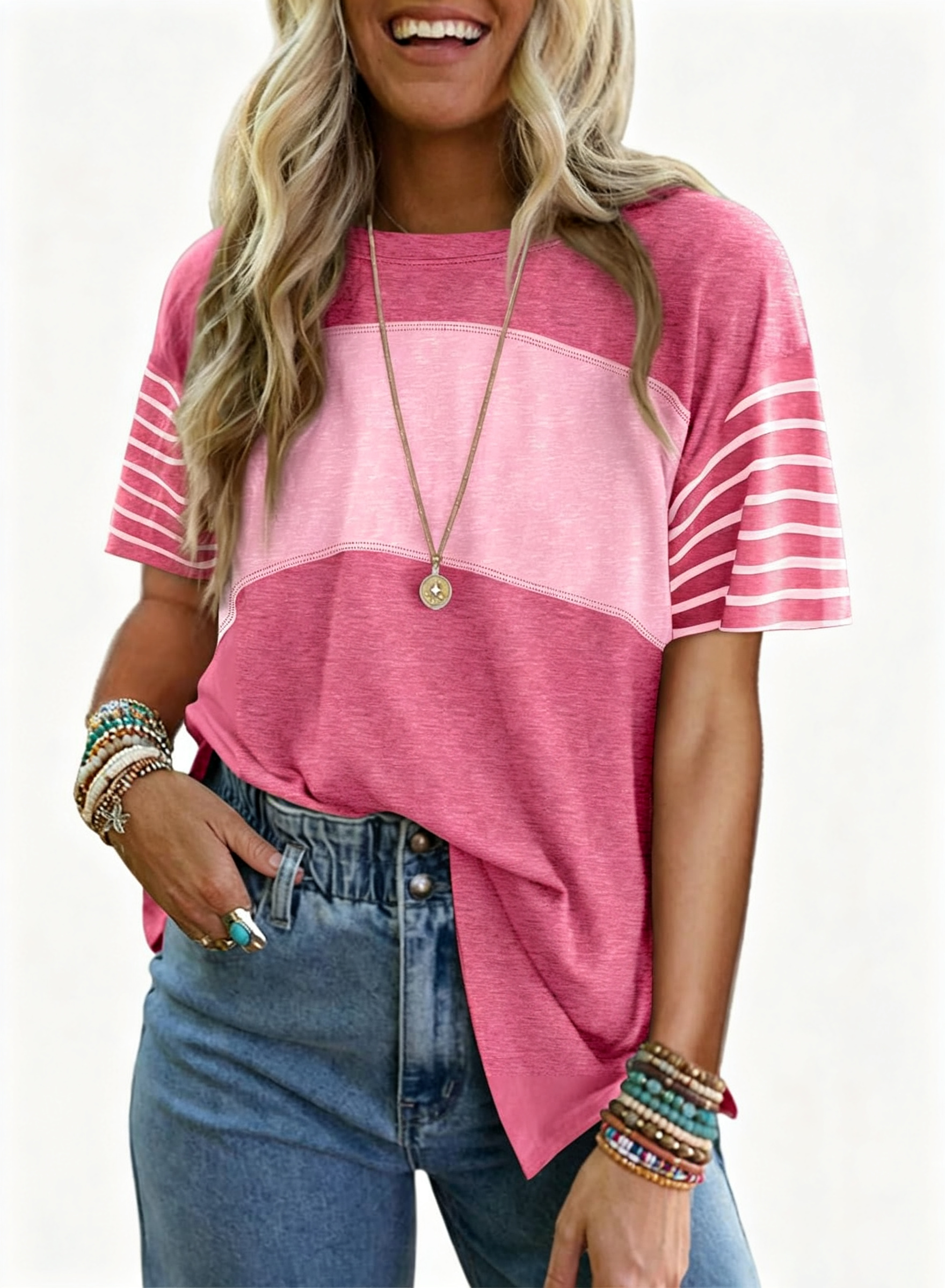  ✨Womens Oversized Crewneck Casual Color Block Striped Shirts Blouses