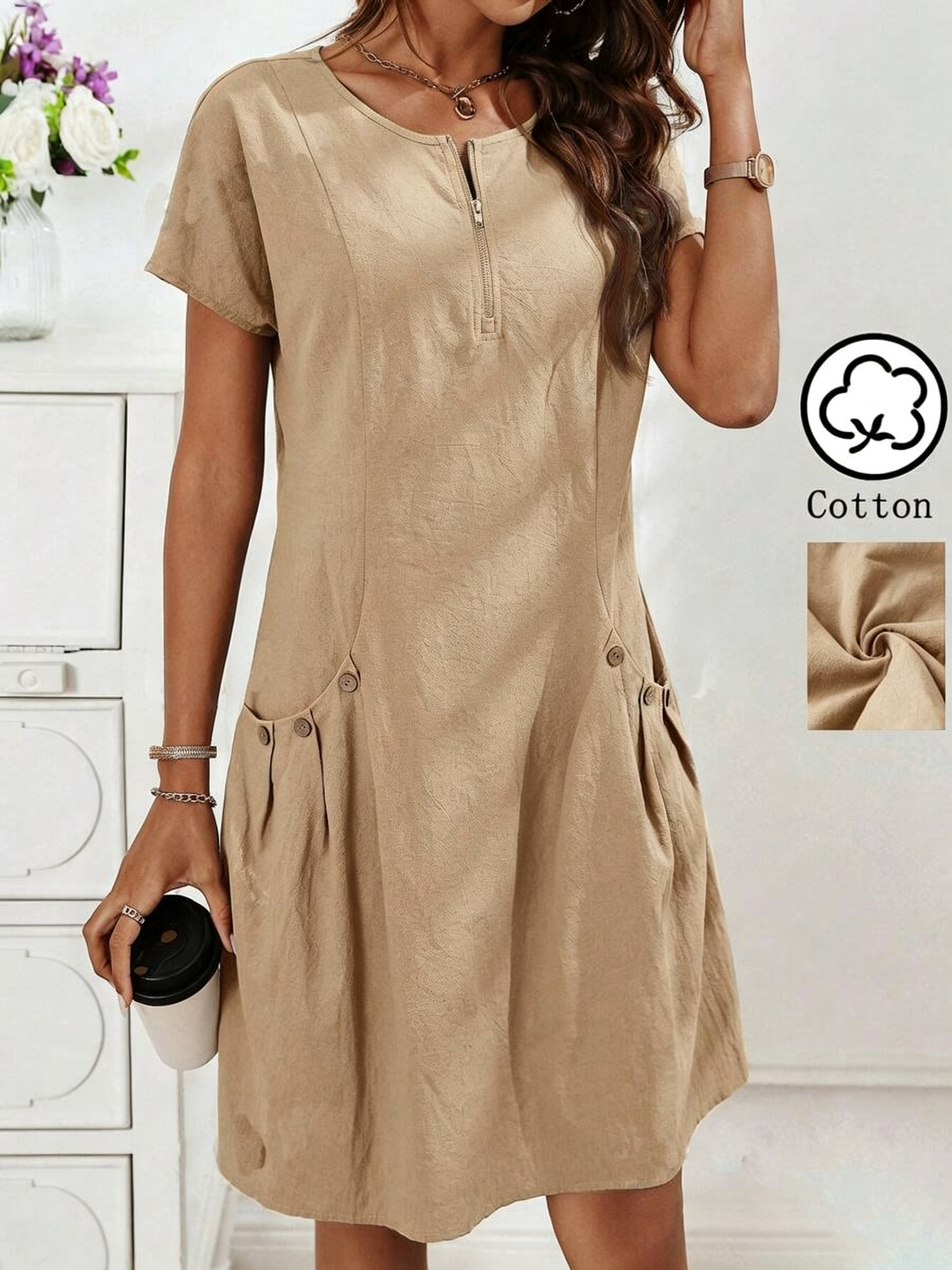 Zipper Pocket Cotton Linen Dress