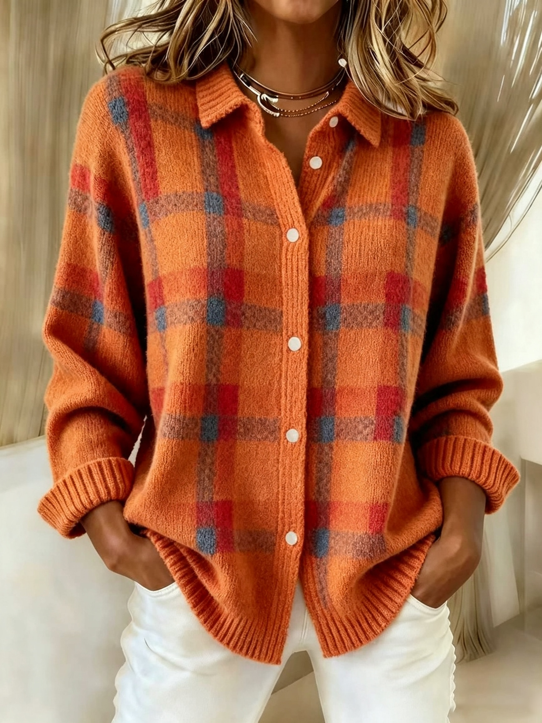 CLEARANCE SALE🔥 Women's Plaid Print Casual Cotton Buttoned Cardigan Sweater