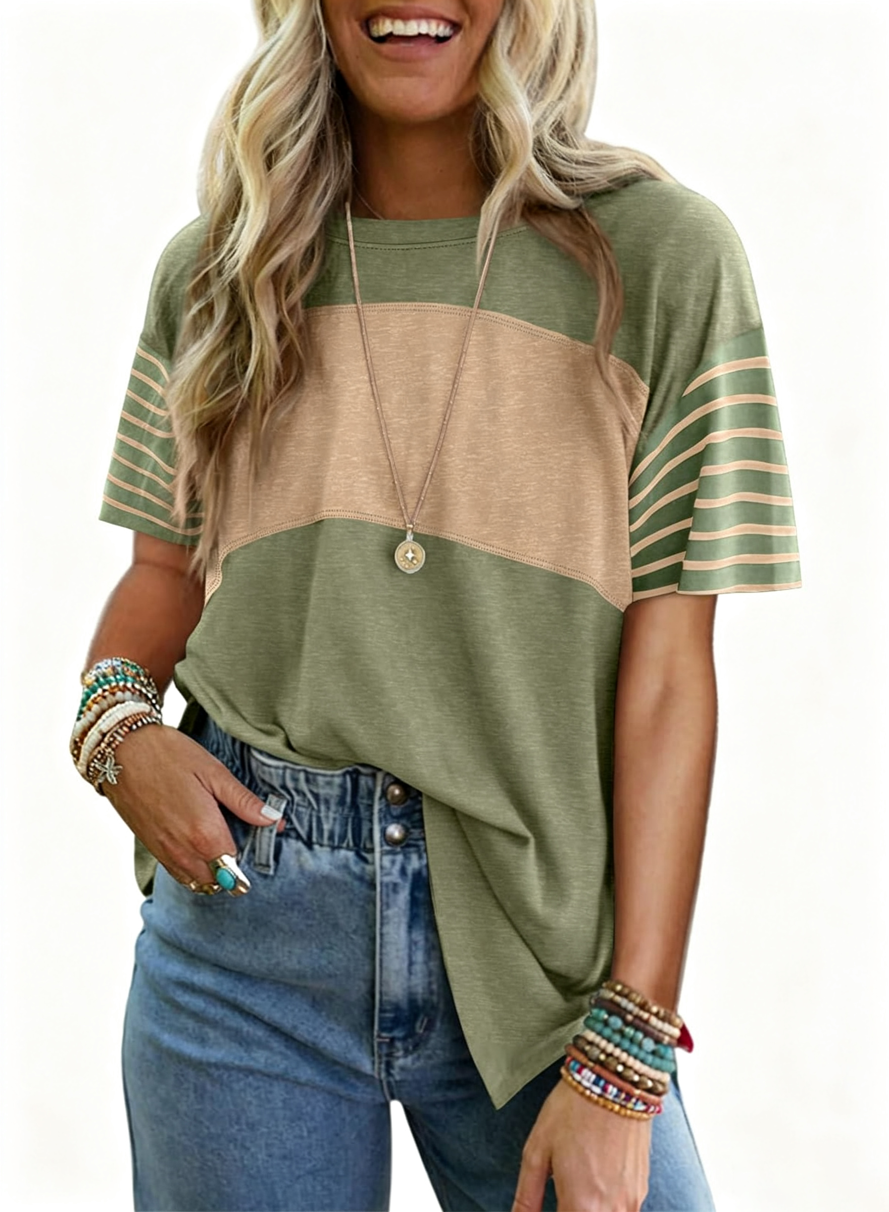  ✨Womens Oversized Crewneck Casual Color Block Striped Shirts Blouses
