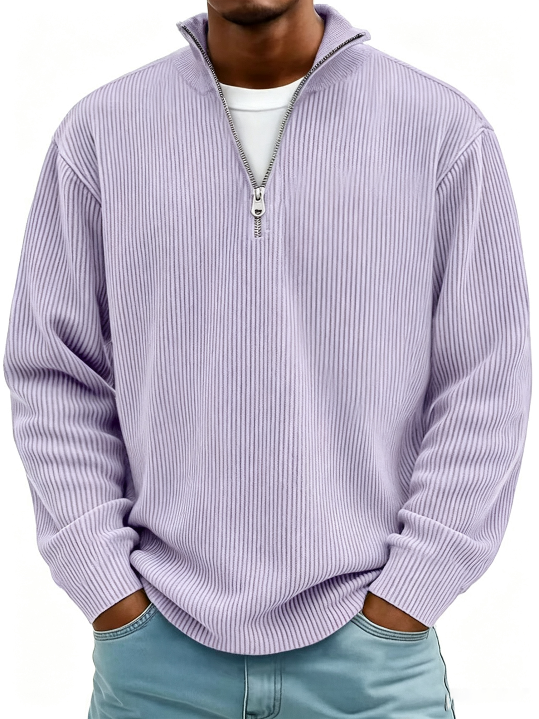 Men's Simple Casual Ribbed Stand Collar Zipper Long Sleeve Sweatshirt
