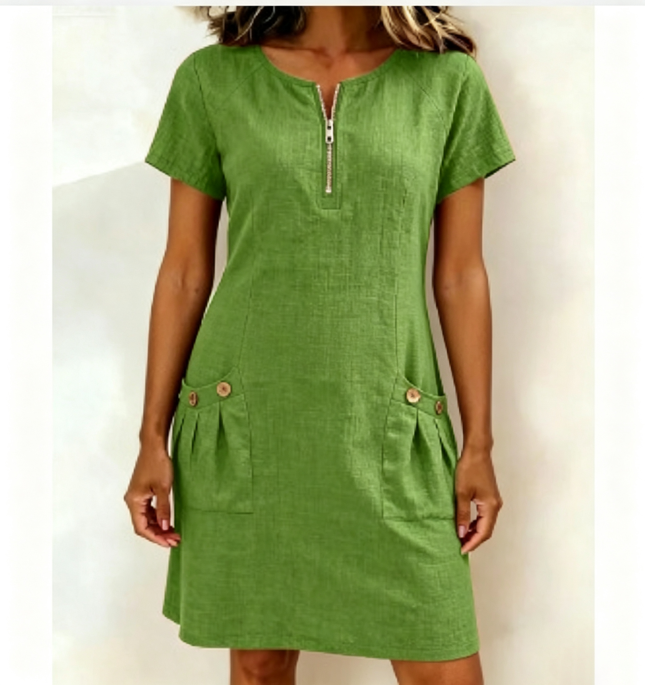 Zipper Pocket Cotton Linen Dress