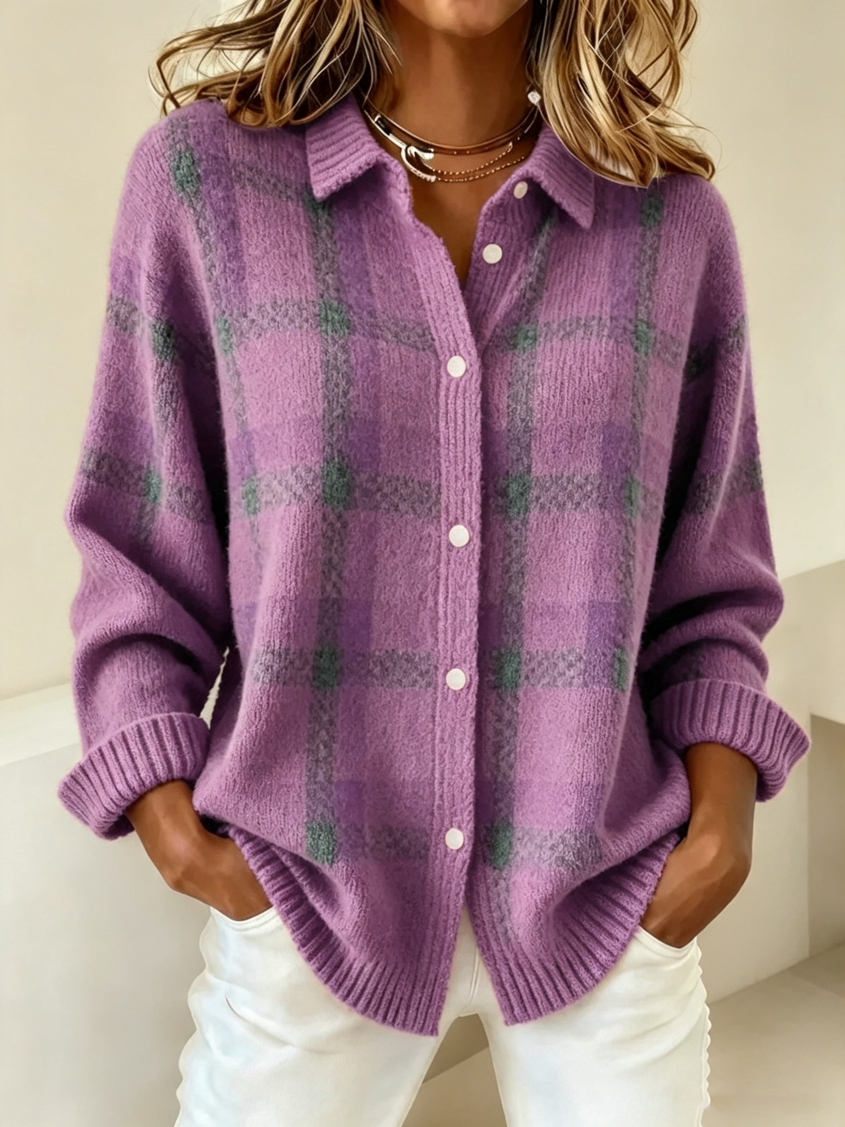 CLEARANCE SALE🔥 Women's Plaid Print Casual Cotton Buttoned Cardigan Sweater