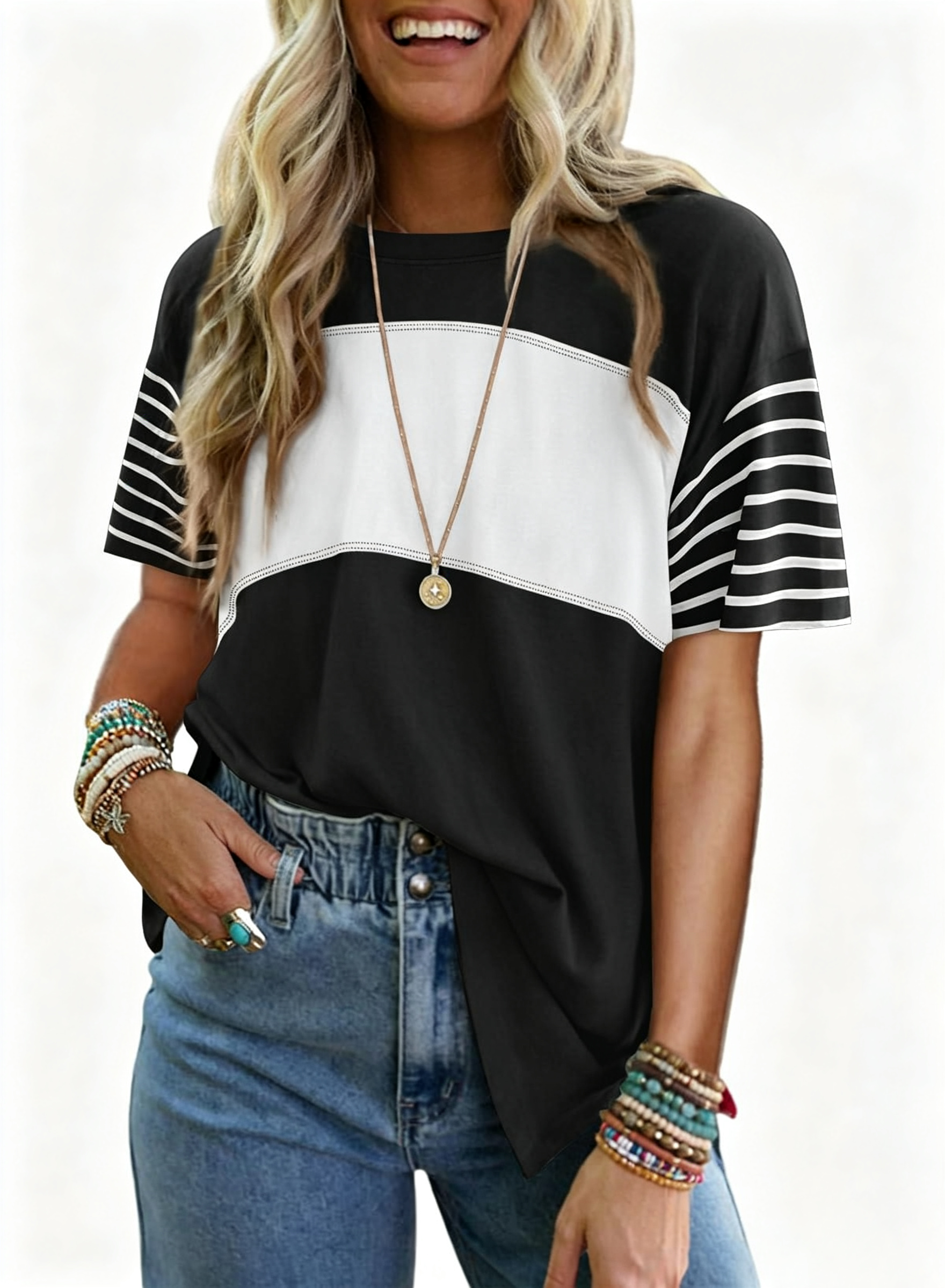  ✨Womens Oversized Crewneck Casual Color Block Striped Shirts Blouses
