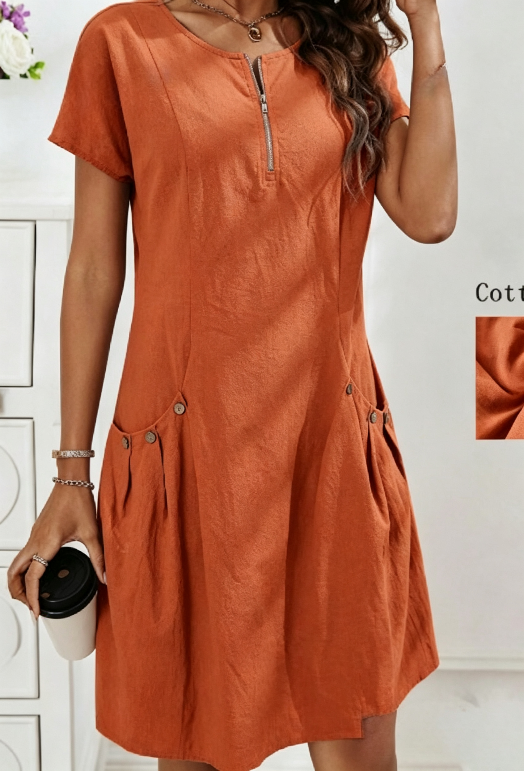 Zipper Pocket Cotton Linen Dress