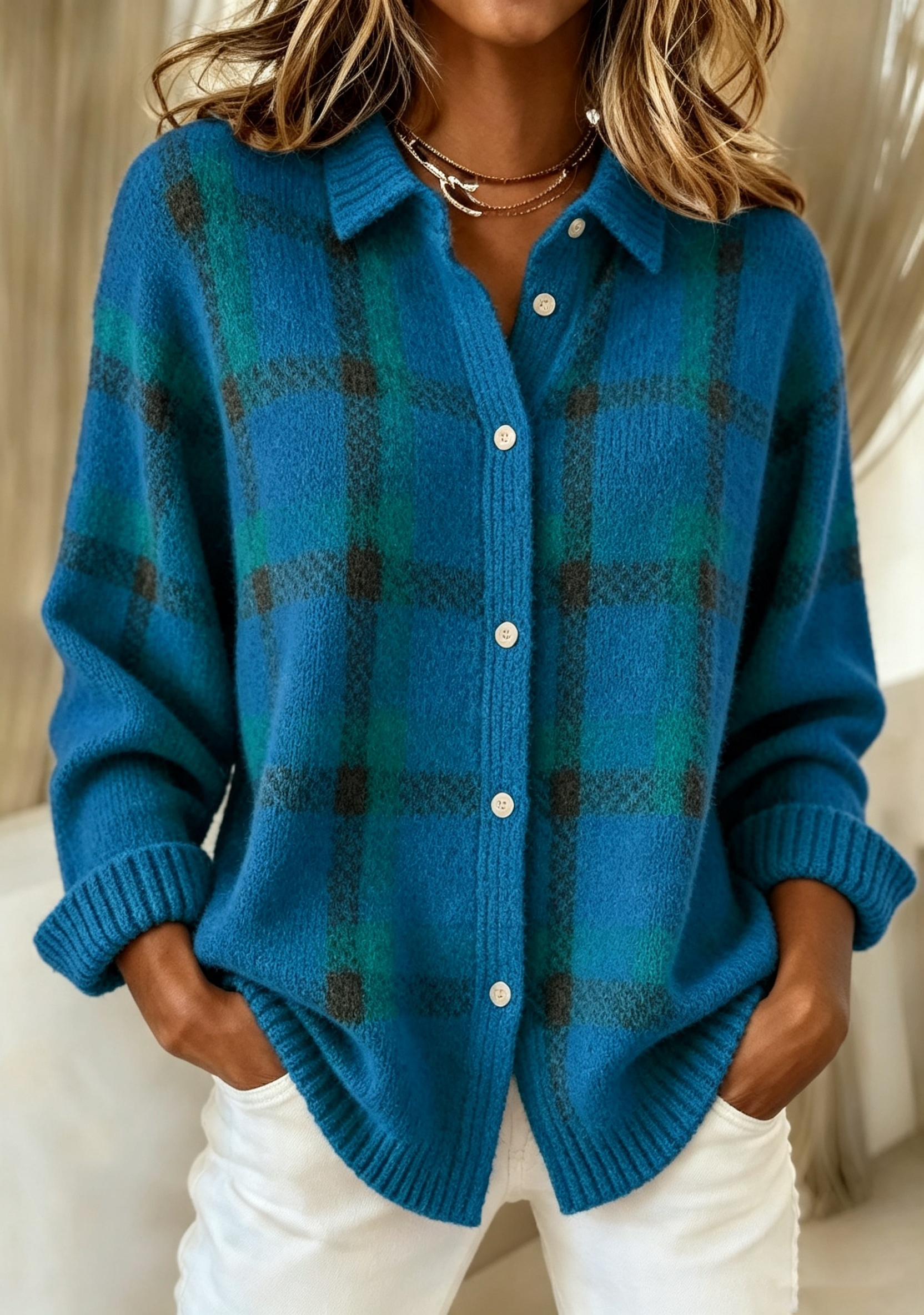 CLEARANCE SALE🔥 Women's Plaid Print Casual Cotton Buttoned Cardigan Sweater